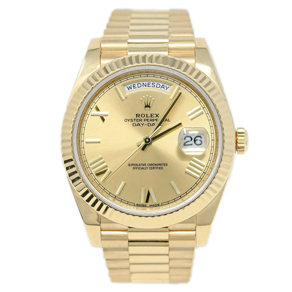 Rolex Mens President Day-Date 40mm 18K Yellow Gold Watch Champagne Roman Dial Watch Reference #: 228238