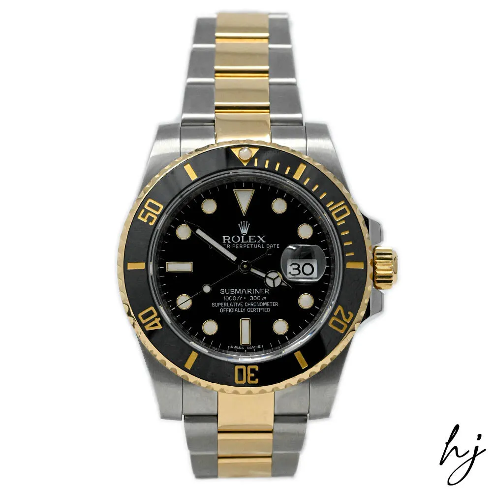 Rolex Men's Submariner Date 18K Yellow Gold & Steel 40mm Black Dot Dial Watch Reference #: 116613LN
