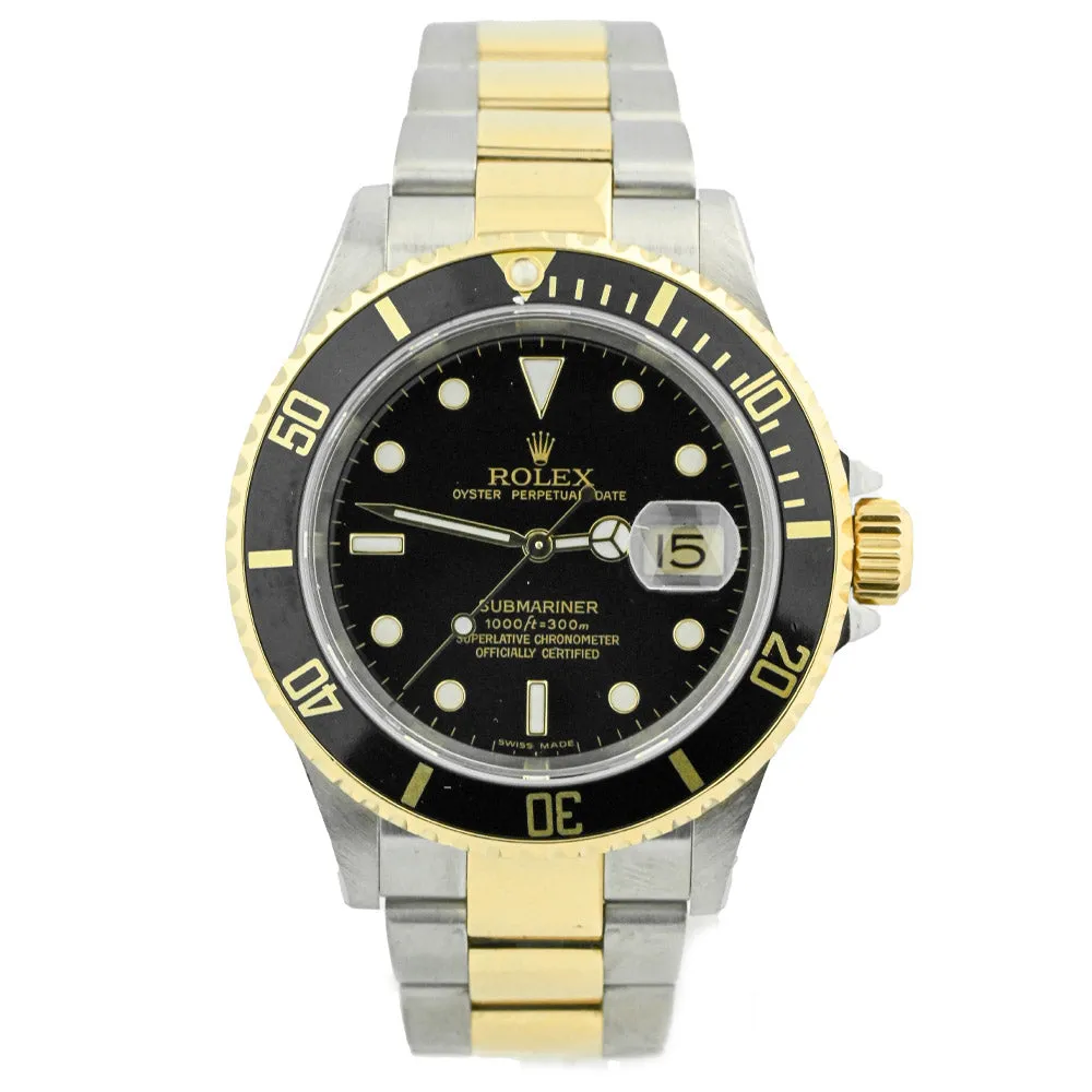 Rolex Men's Submariner Date 18K Yellow Gold & Steel 40mm Black Dot Dial Watch Reference #: 16613LN