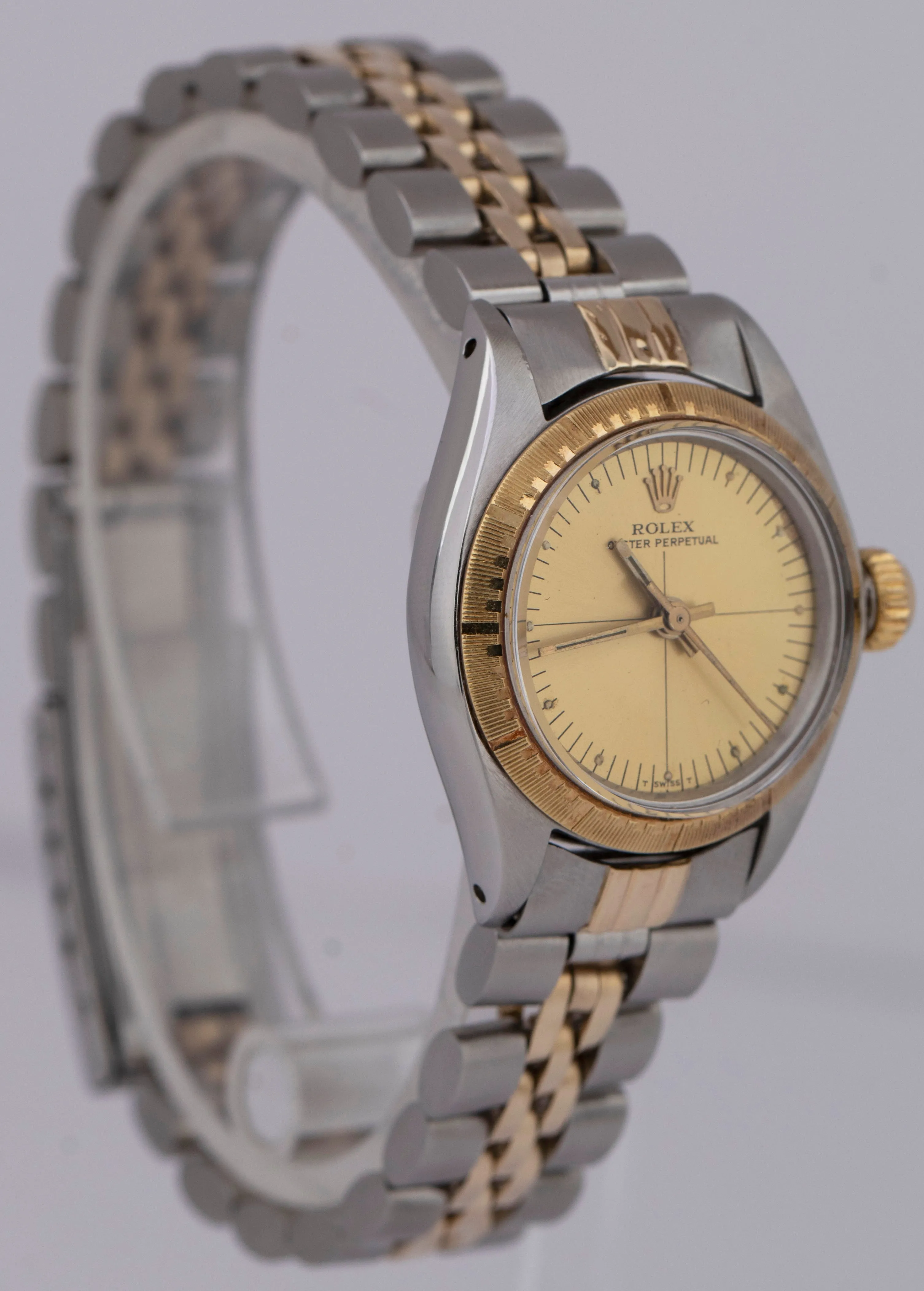 Rolex Oyster Perpetual 24mm Two-Tone Engine Turned Champagne Jubilee Watch 6724