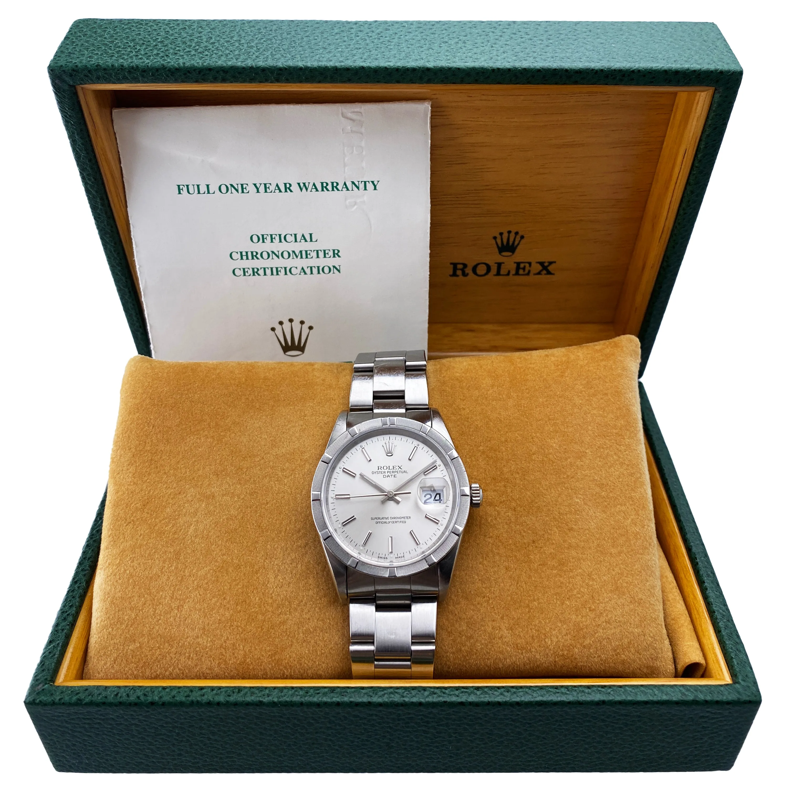 Rolex Oyster Perpetual Date 15210 Silver Dial Mens Watch Box Papers