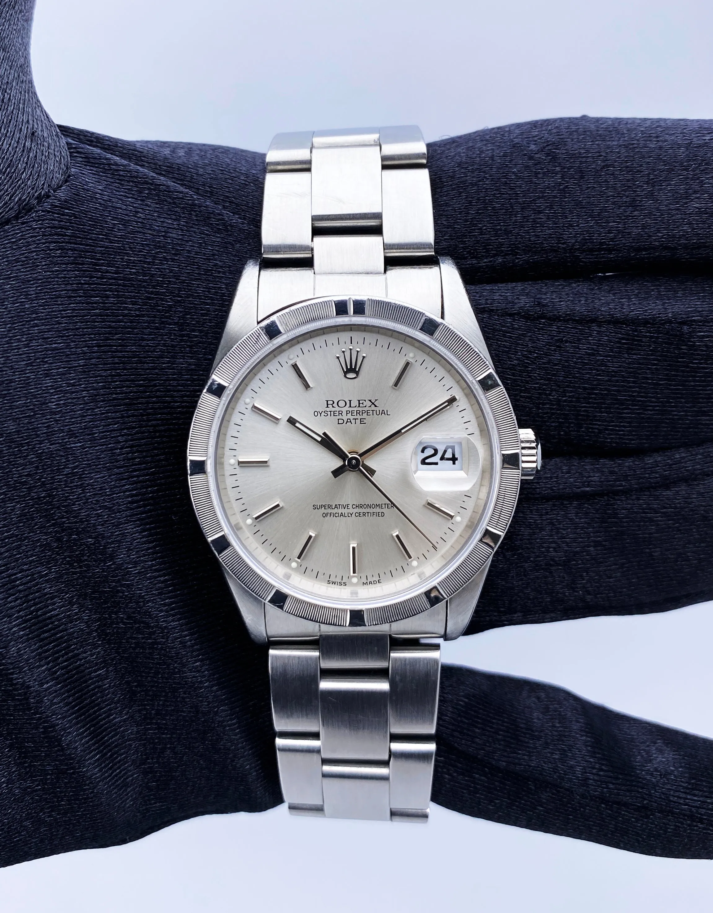 Rolex Oyster Perpetual Date 15210 Silver Dial Mens Watch Box Papers