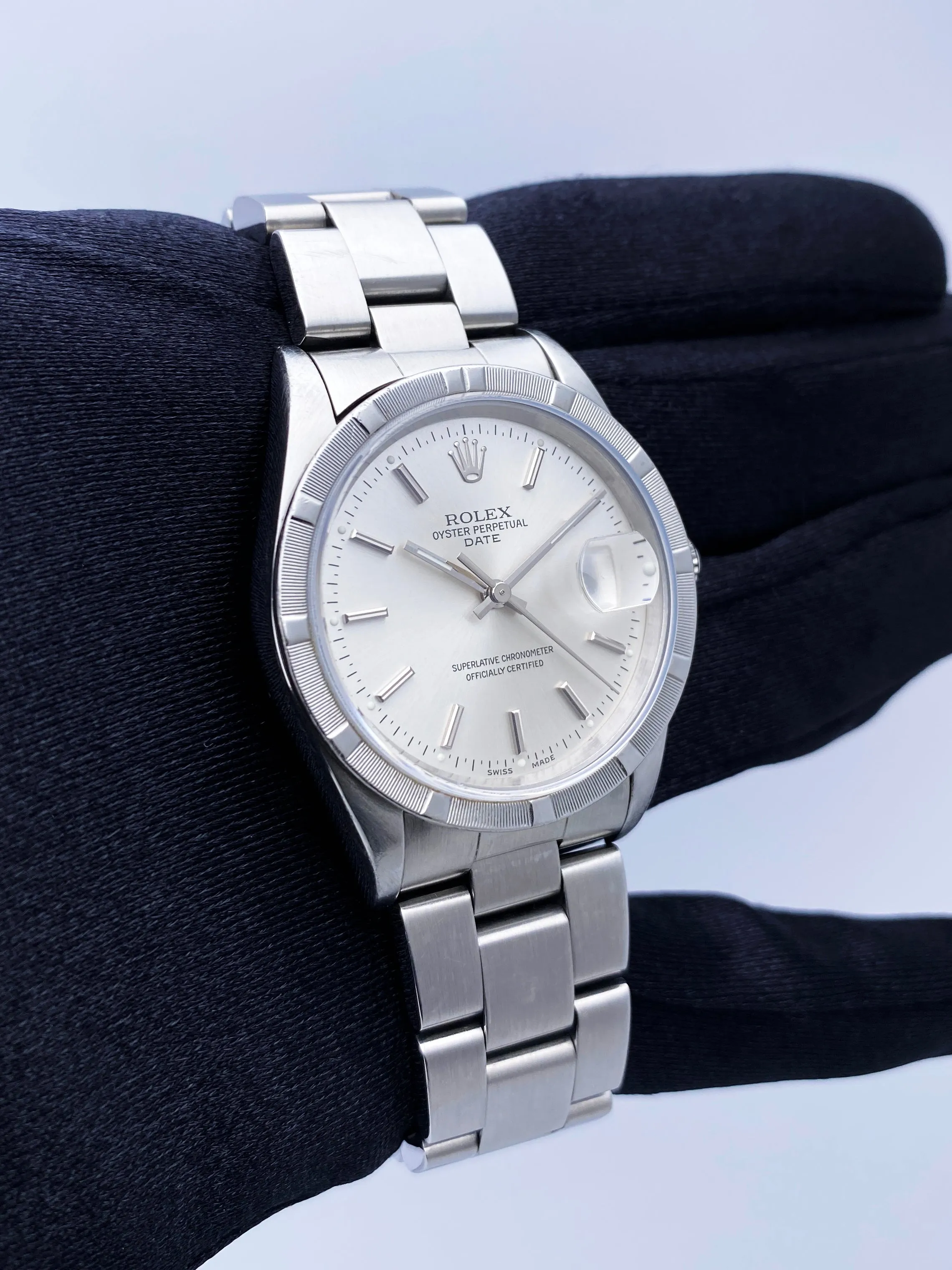 Rolex Oyster Perpetual Date 15210 Silver Dial Mens Watch Box Papers