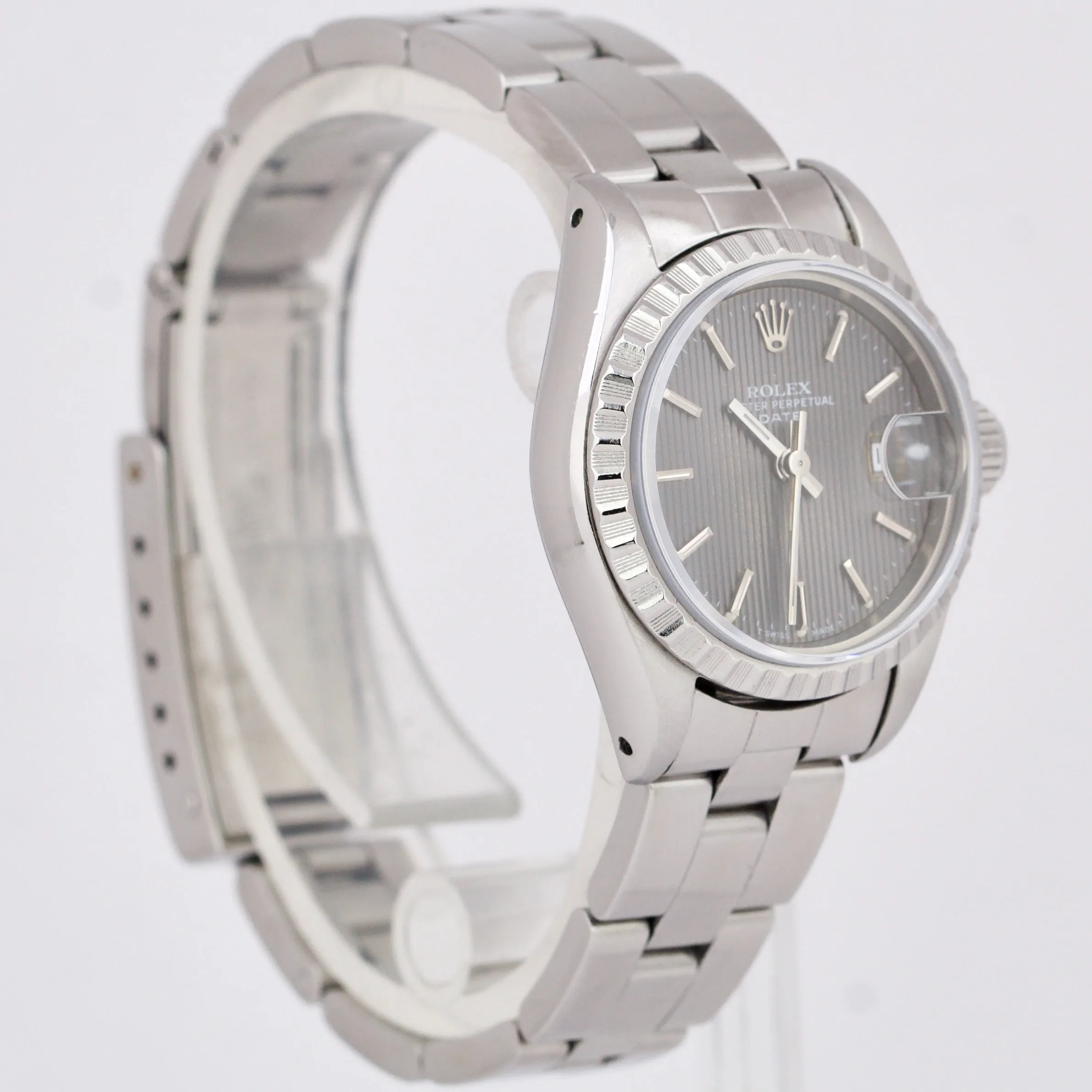 Rolex Oyster Perpetual Date 26mm GRAY TAPESTRY Steel Engine-Turned Watch 69240