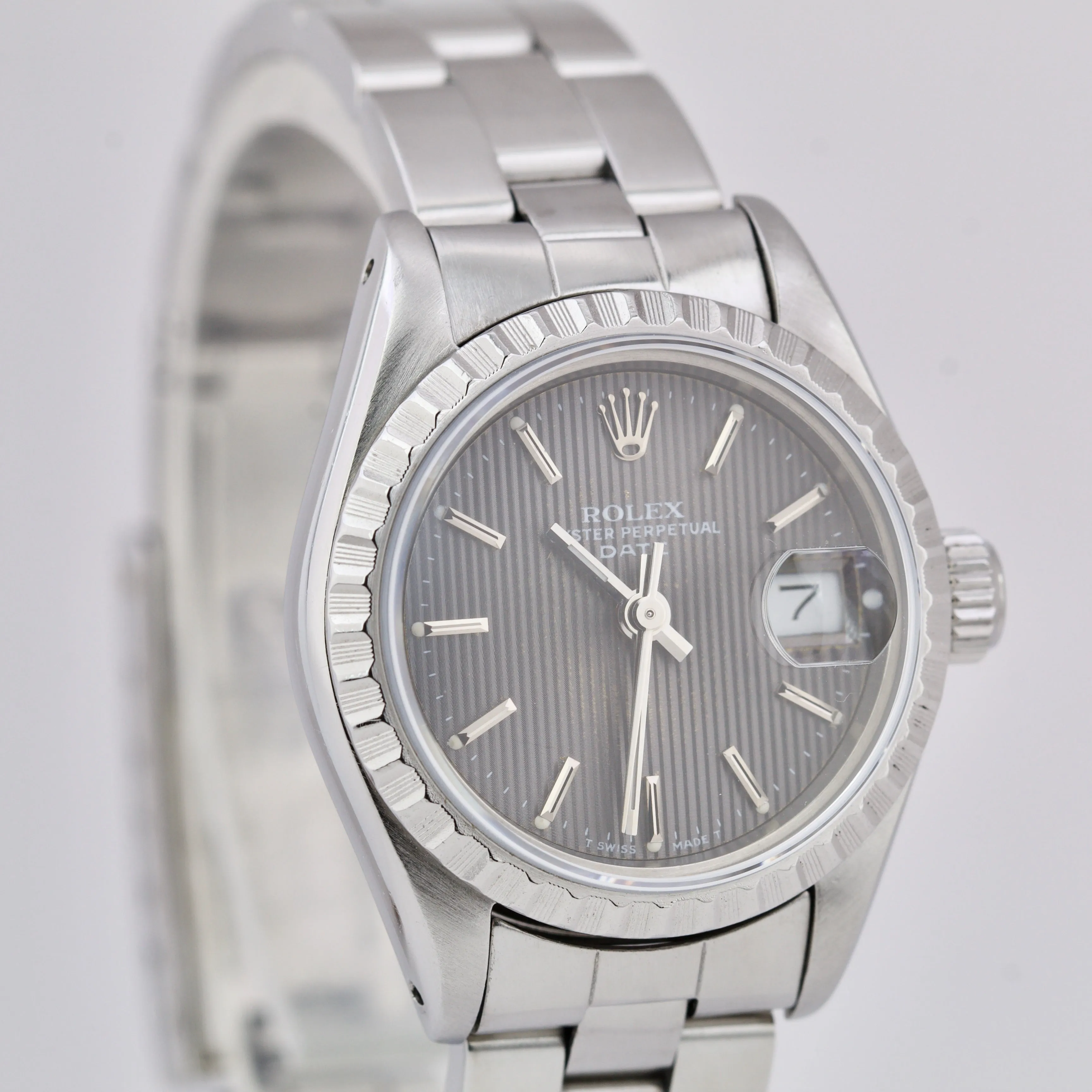 Rolex Oyster Perpetual Date 26mm GRAY TAPESTRY Steel Engine-Turned Watch 69240