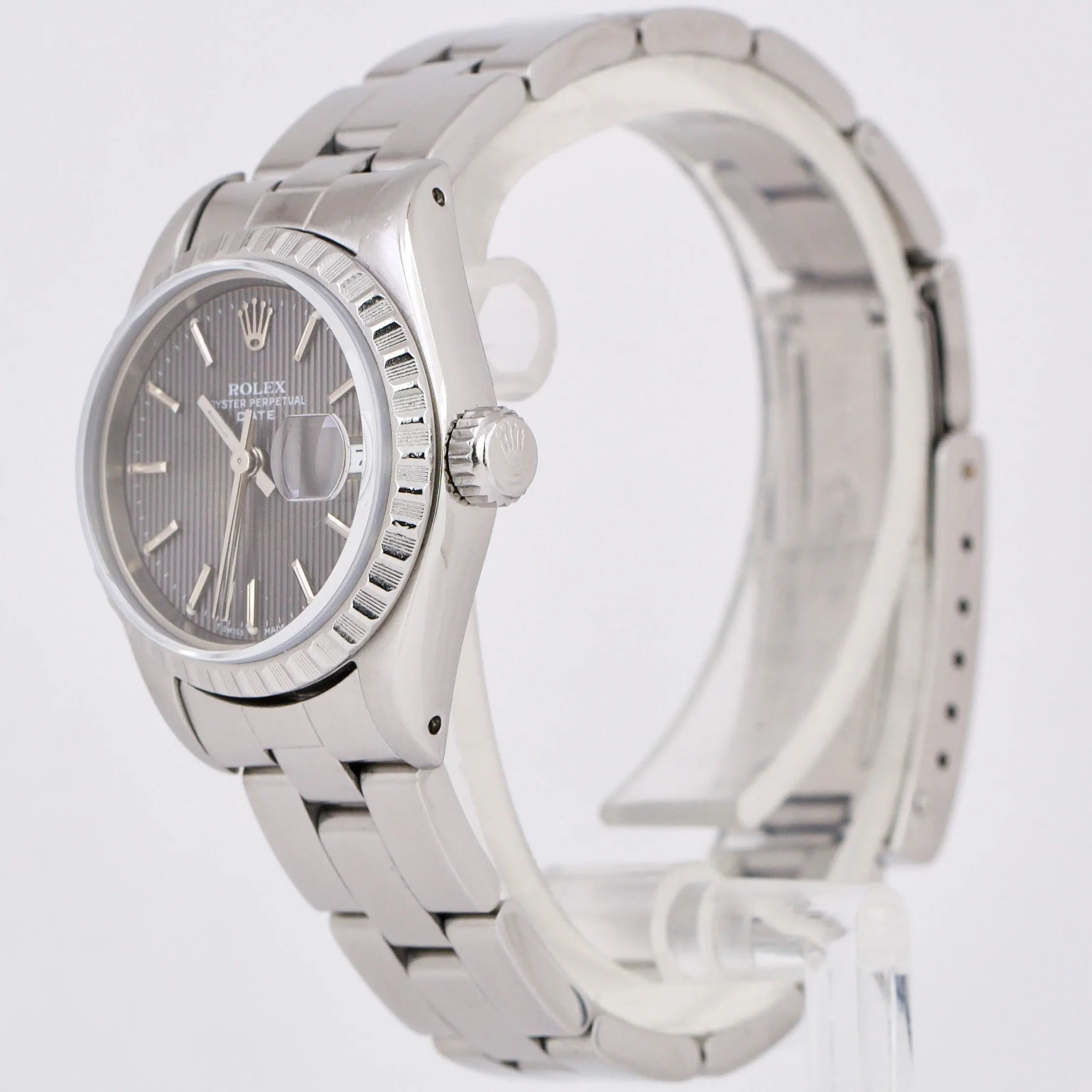 Rolex Oyster Perpetual Date 26mm GRAY TAPESTRY Steel Engine-Turned Watch 69240
