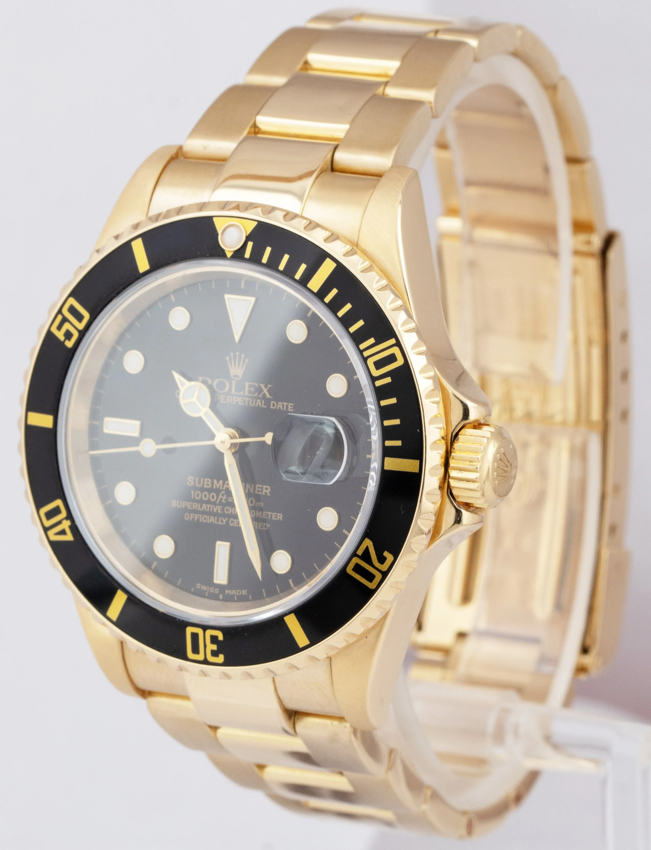 Rolex Submariner Date 18K Yellow Gold Black 40mm NO-HOLES CASE Dive Watch 16618