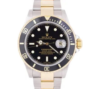 Rolex Submariner Date 40mm Black Two-Tone 18K Gold NO-HOLES Steel 16613 Watch