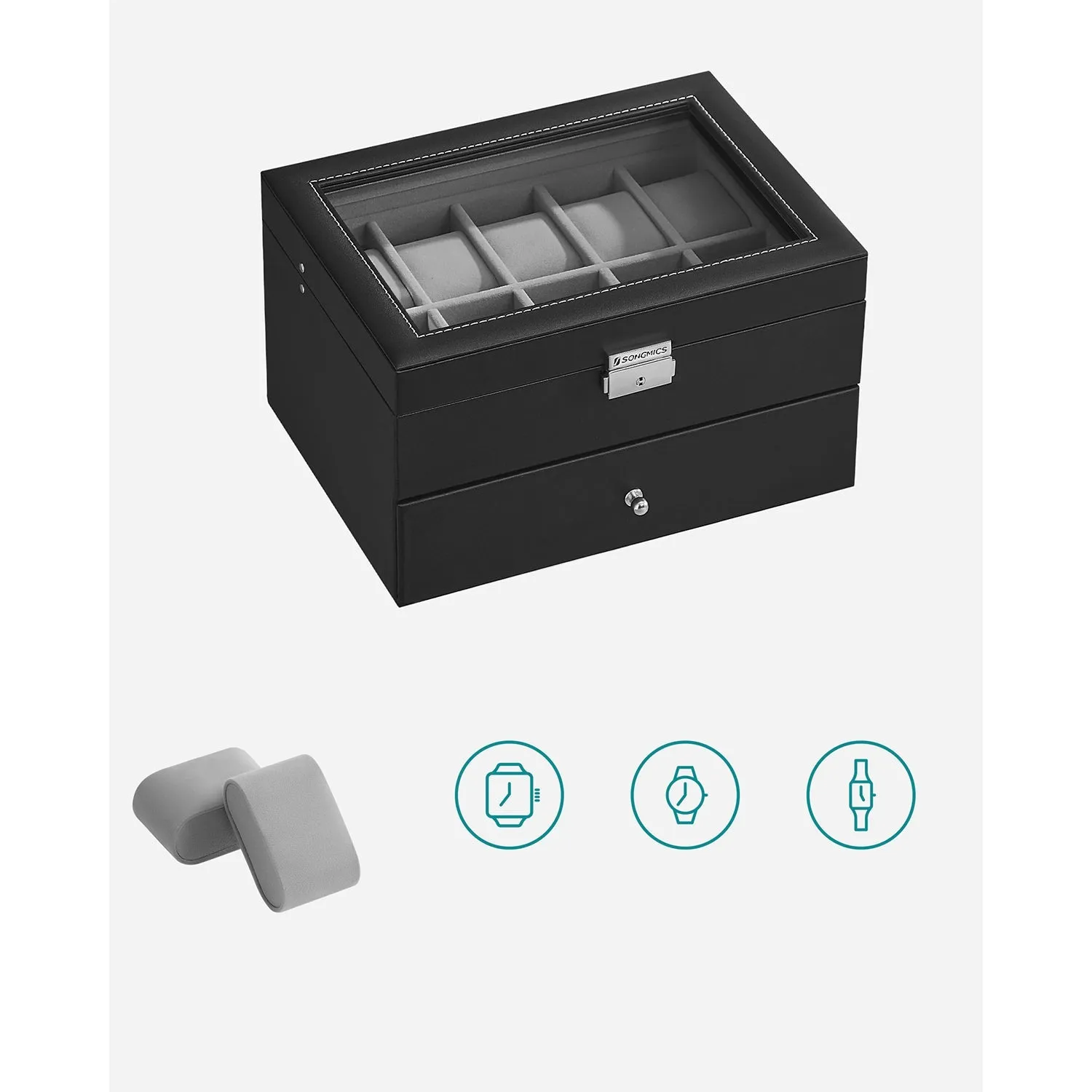 Rootz Elegant Watch Box - Jewelry Organizer - Display Case - Glass Panel - Easy-Care - 28.5cm x 20.5cm x 16cm