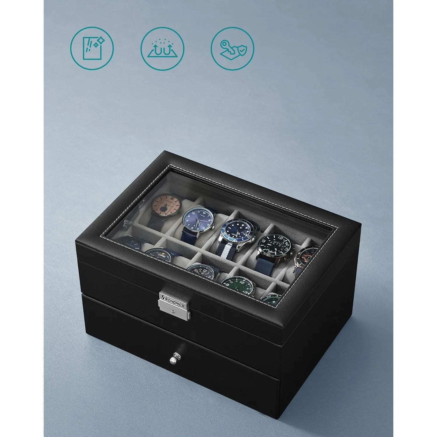 Rootz Elegant Watch Box - Jewelry Organizer - Display Case - Glass Panel - Easy-Care - 28.5cm x 20.5cm x 16cm