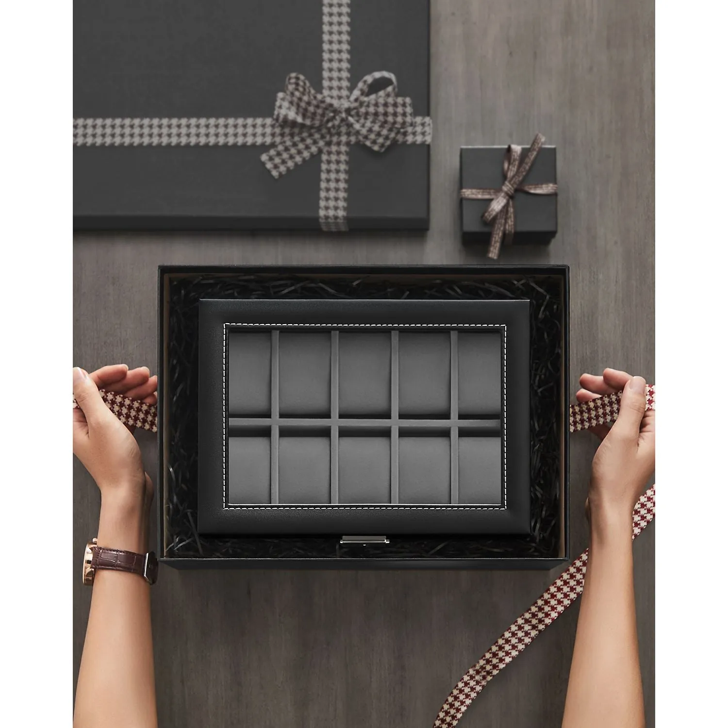Rootz Elegant Watch Box - Jewelry Organizer - Display Case - Glass Panel - Easy-Care - 28.5cm x 20.5cm x 16cm