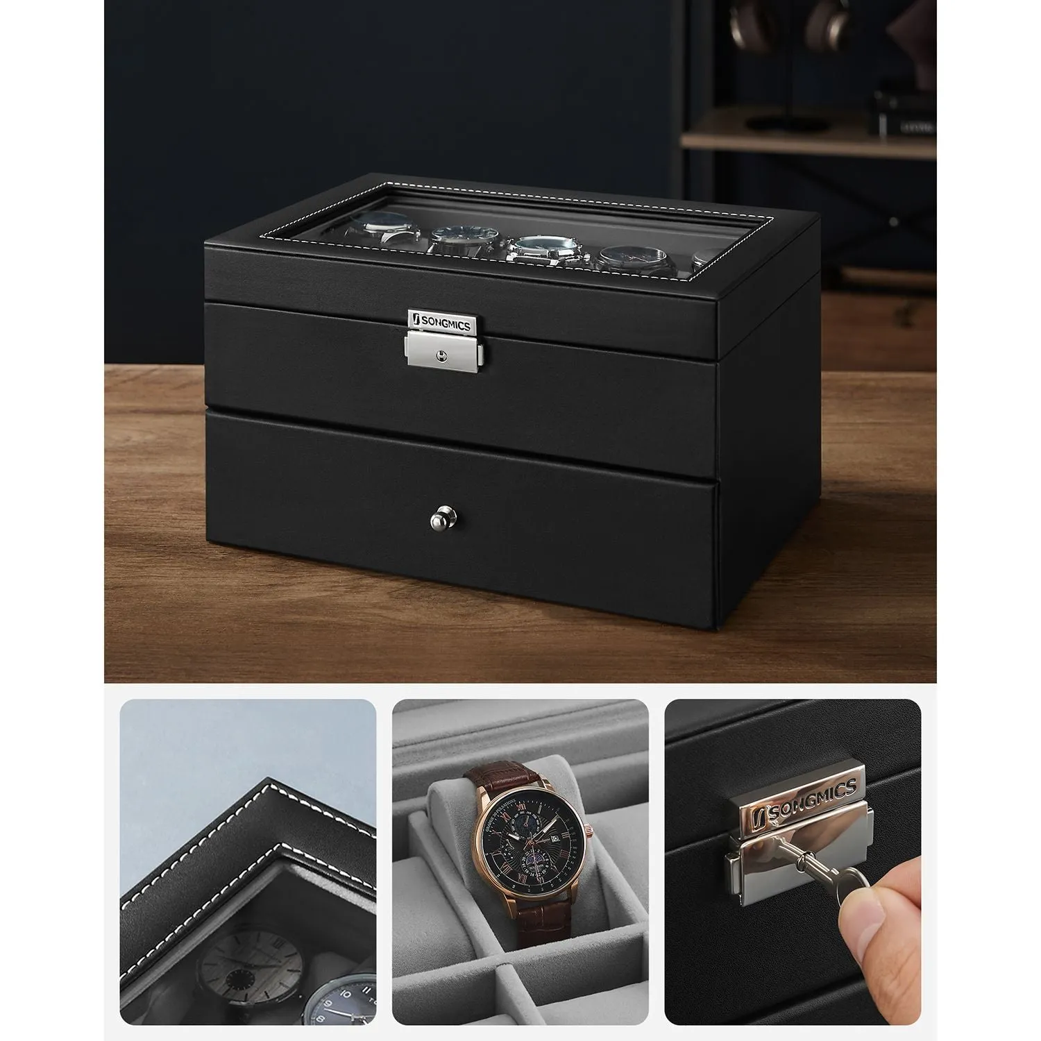 Rootz Elegant Watch Box - Jewelry Organizer - Display Case - Glass Panel - Easy-Care - 28.5cm x 20.5cm x 16cm
