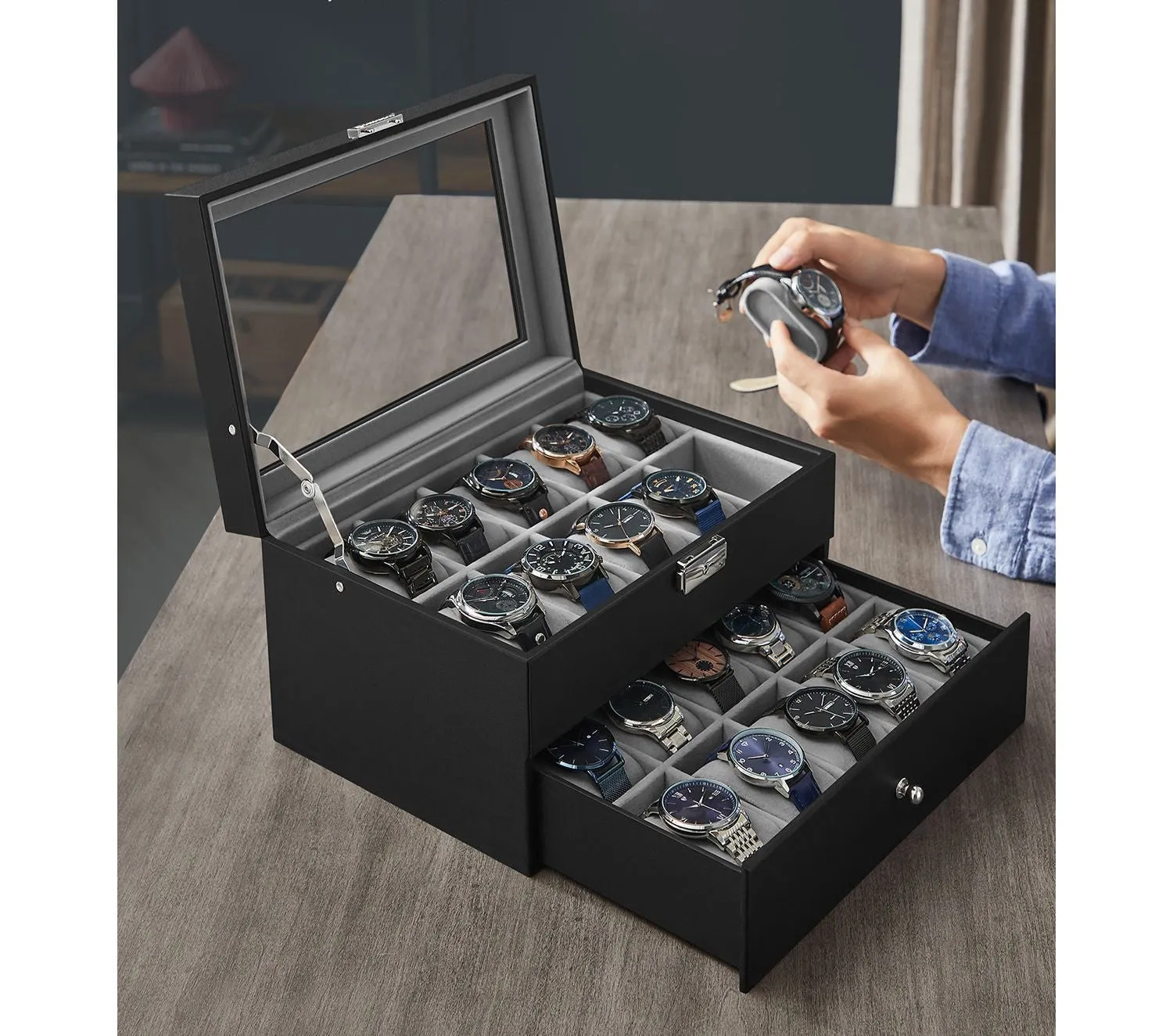 Rootz Elegant Watch Box - Jewelry Organizer - Display Case - Glass Panel - Easy-Care - 28.5cm x 20.5cm x 16cm