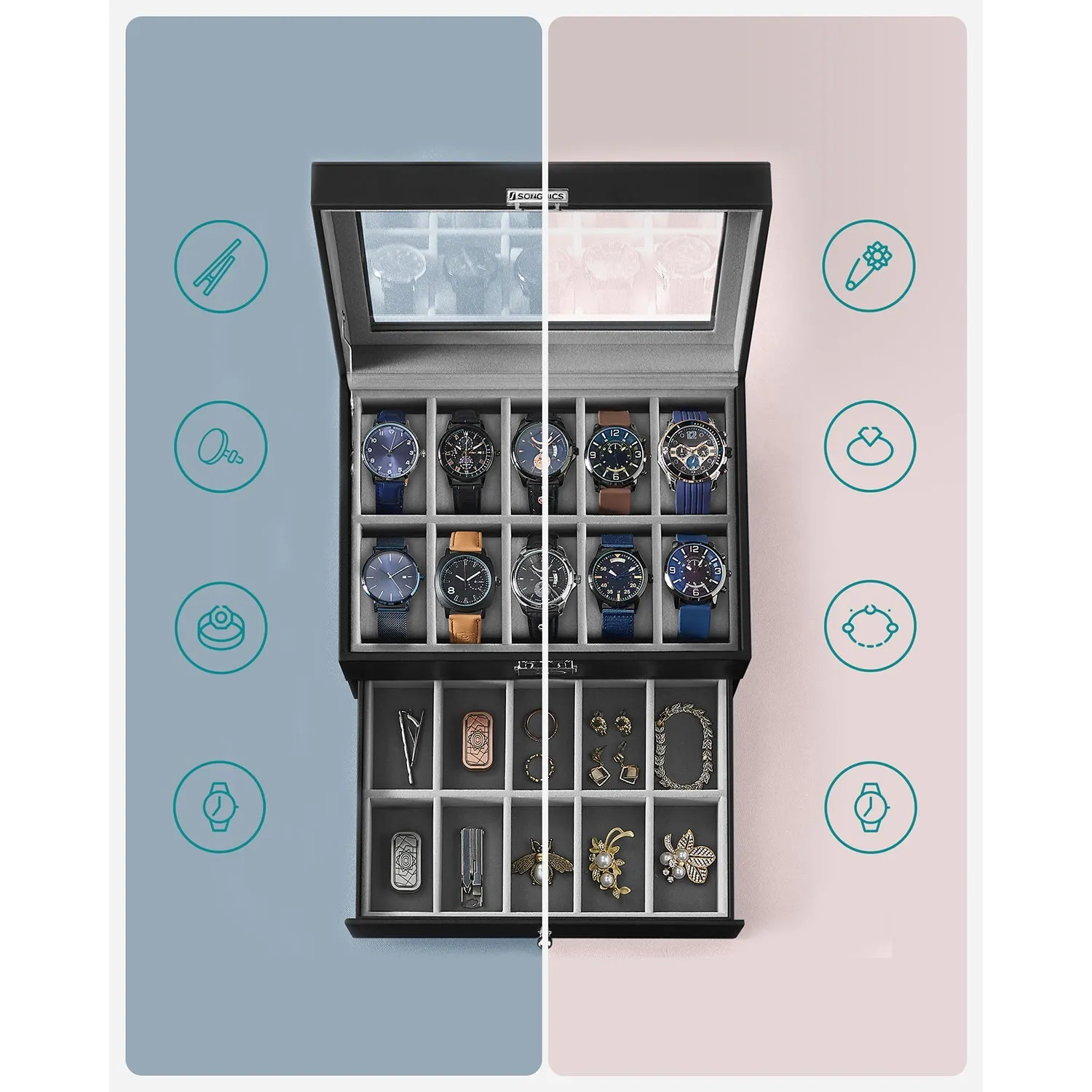 Rootz Elegant Watch Box - Jewelry Organizer - Display Case - Glass Panel - Easy-Care - 28.5cm x 20.5cm x 16cm