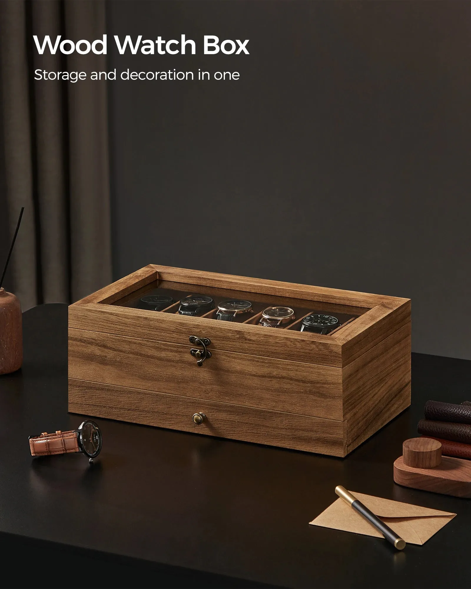 SONGMICS 12-Slot Watch Box, 2-Tier Watch Display Case with Large Glass Lid, Removable Watch Pillows, Velvet Lining, Jewelry Box