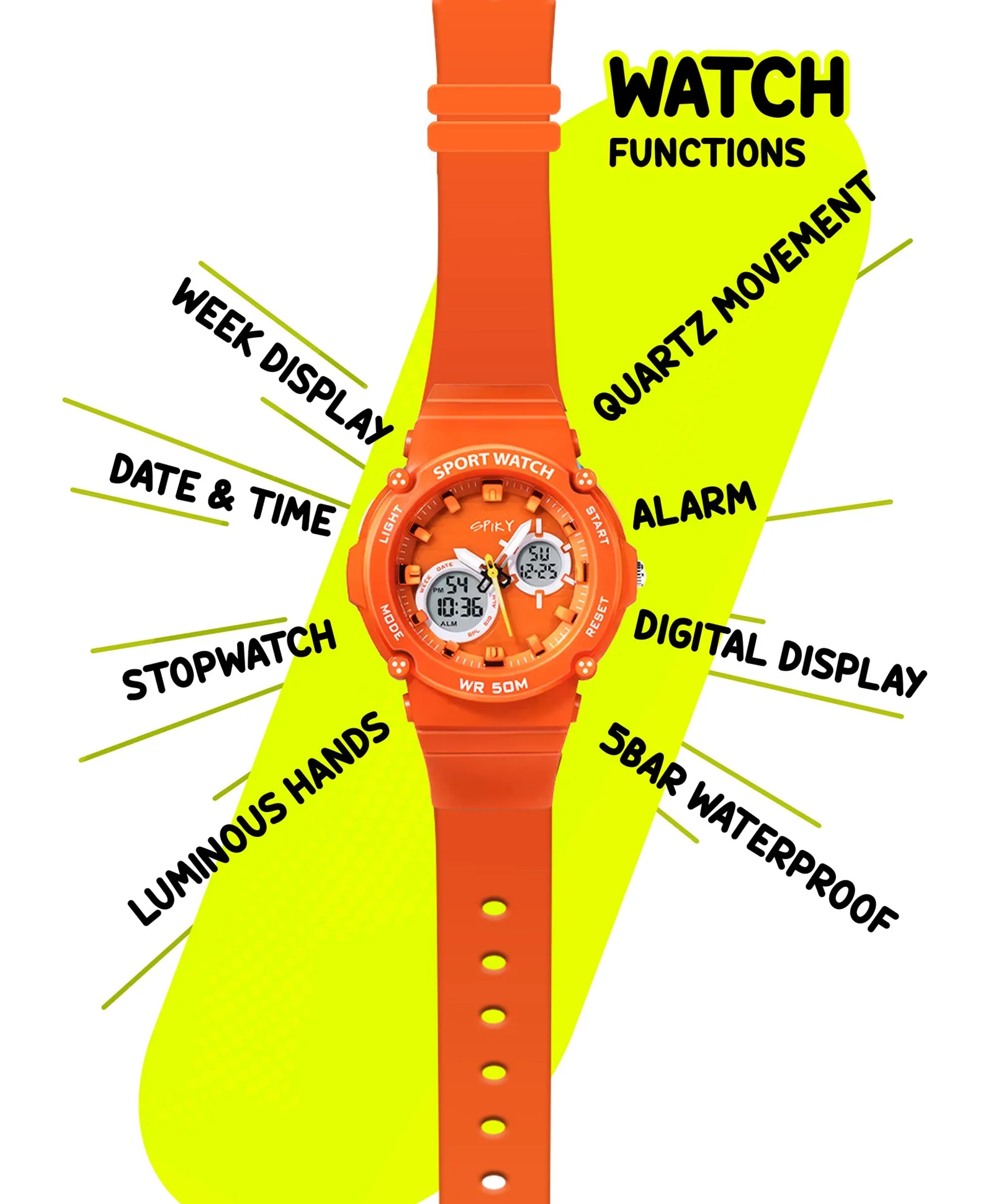 Spiky Eva29 Round Multifunctional Digital Sports Watch - Orange