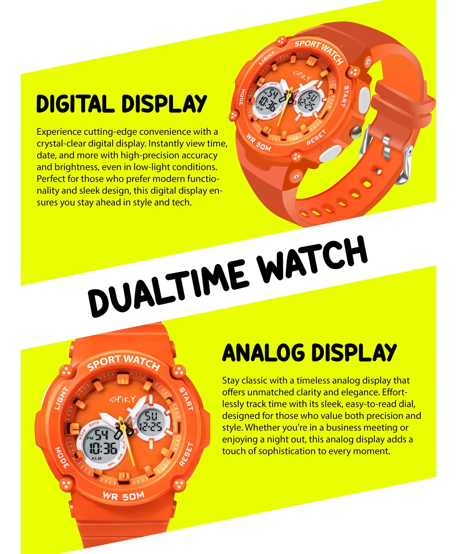 Spiky Eva29 Round Multifunctional Digital Sports Watch - Orange