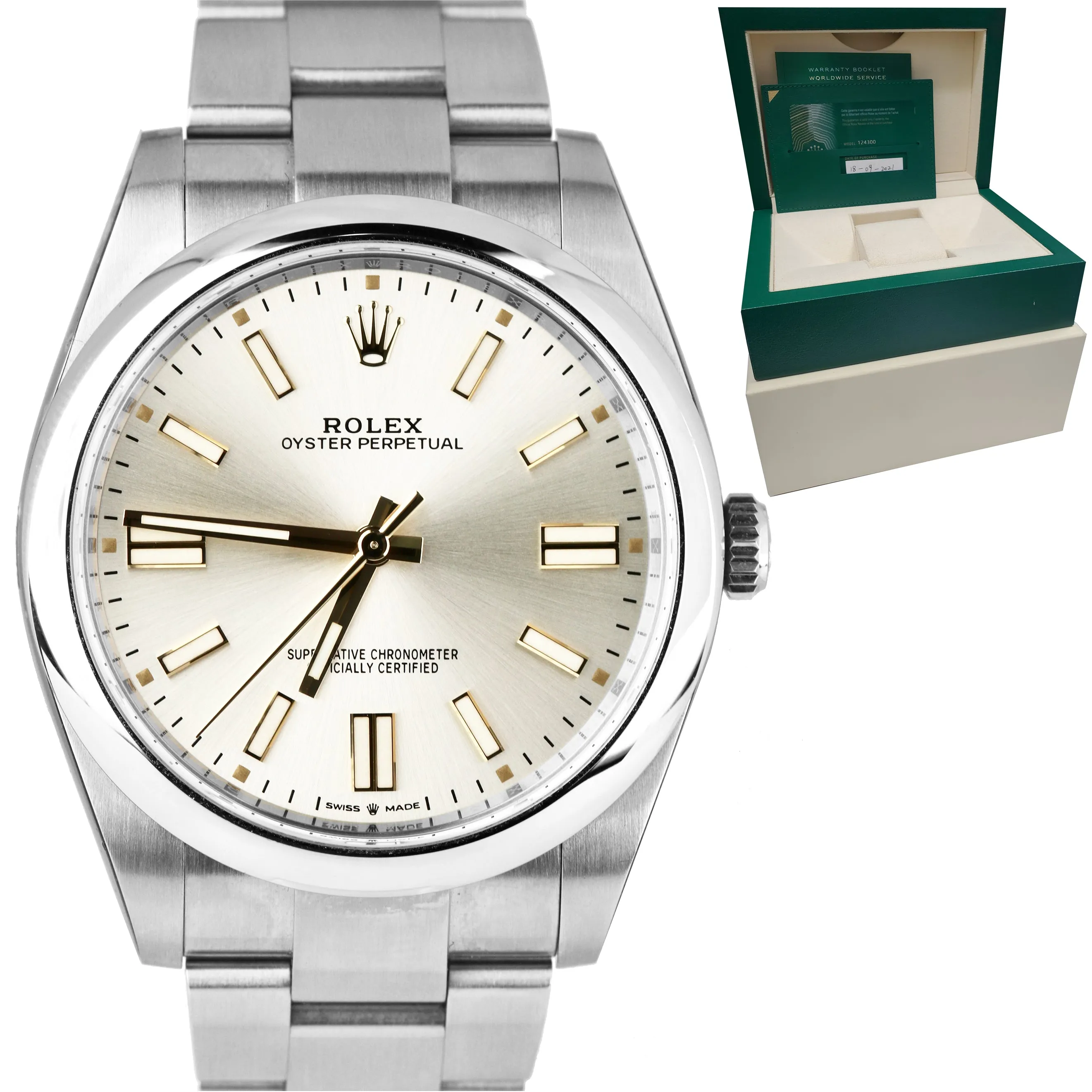 STICKERED NEW 2021 Rolex Oyster Perpetual 41mm SILVER GOLD Oyster Watch 124300