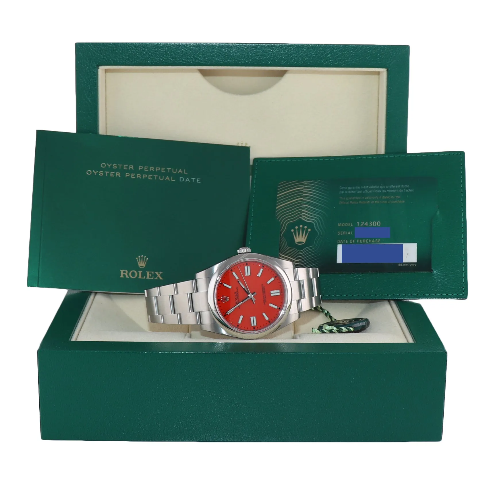 STICKERS NEW 2021 PAPERS Rolex Oyster Perpetual 41mm Coral Red Watch 124300 Box