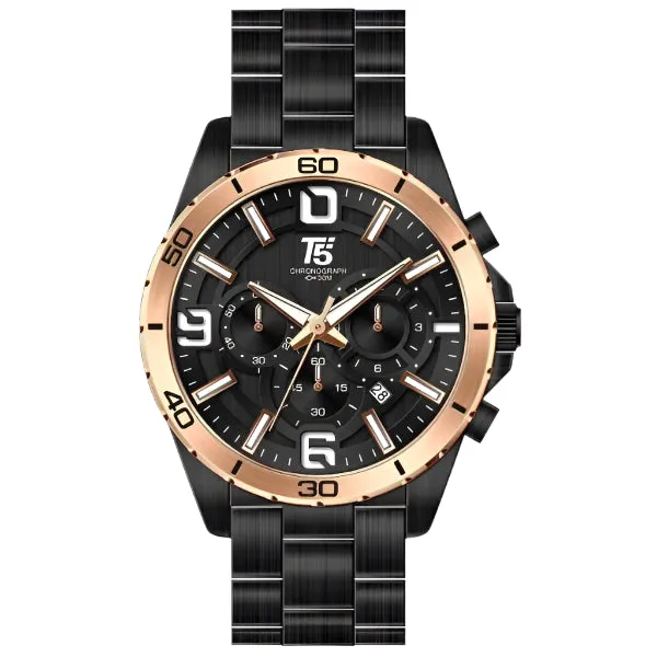 T5 Black Stainless Steel Grey Dial Chronograph Quartz Watch for Gents - H3521G-D