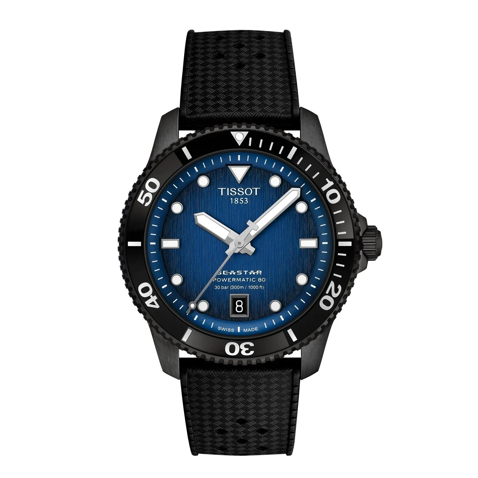 Tissot Seastar 1000 Powermatic 80 Mens Black Tone Blue Dial Black Rubber Strap Watch