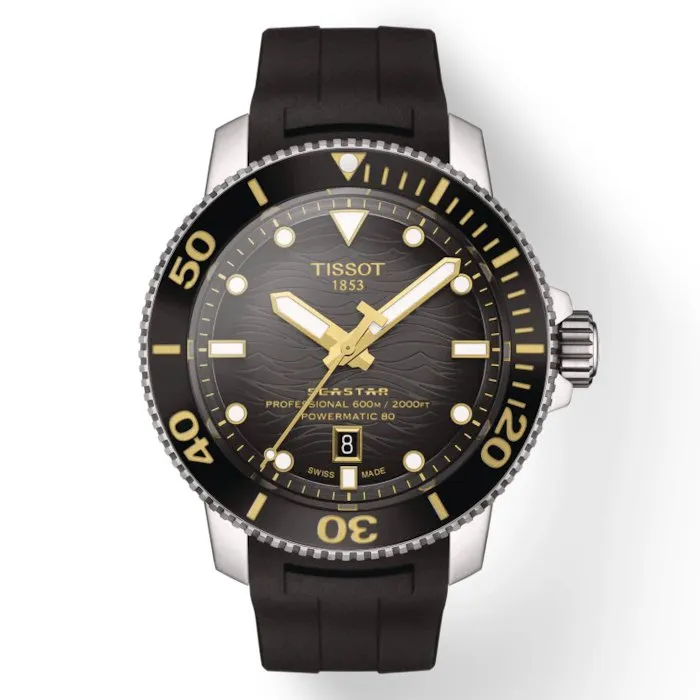 Tissot Seastar 2000 Professional Powermatic 80 Mens Stainless Steel Black Dial Rubber Strap Watch