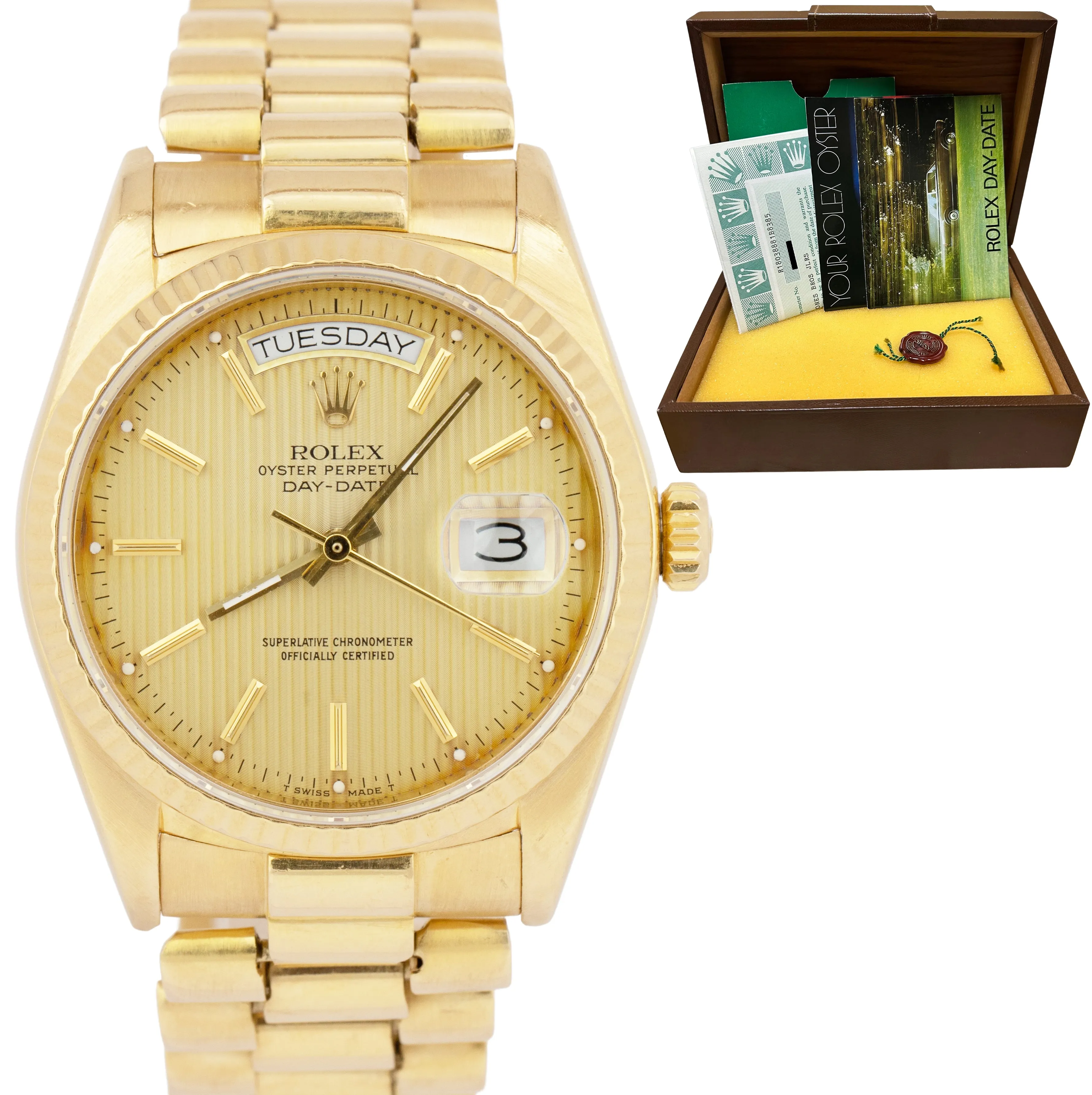 UNDATED Rolex Day-Date President Champagne Tapestry 36mm Watch 18038 PAPERS