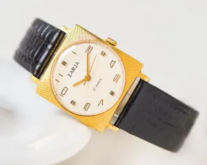 Unisex square watch sunburst case Dawn, gold plated tomboy watch, boyfriend's watch minimalist unique gift men, new genuine leather strap
