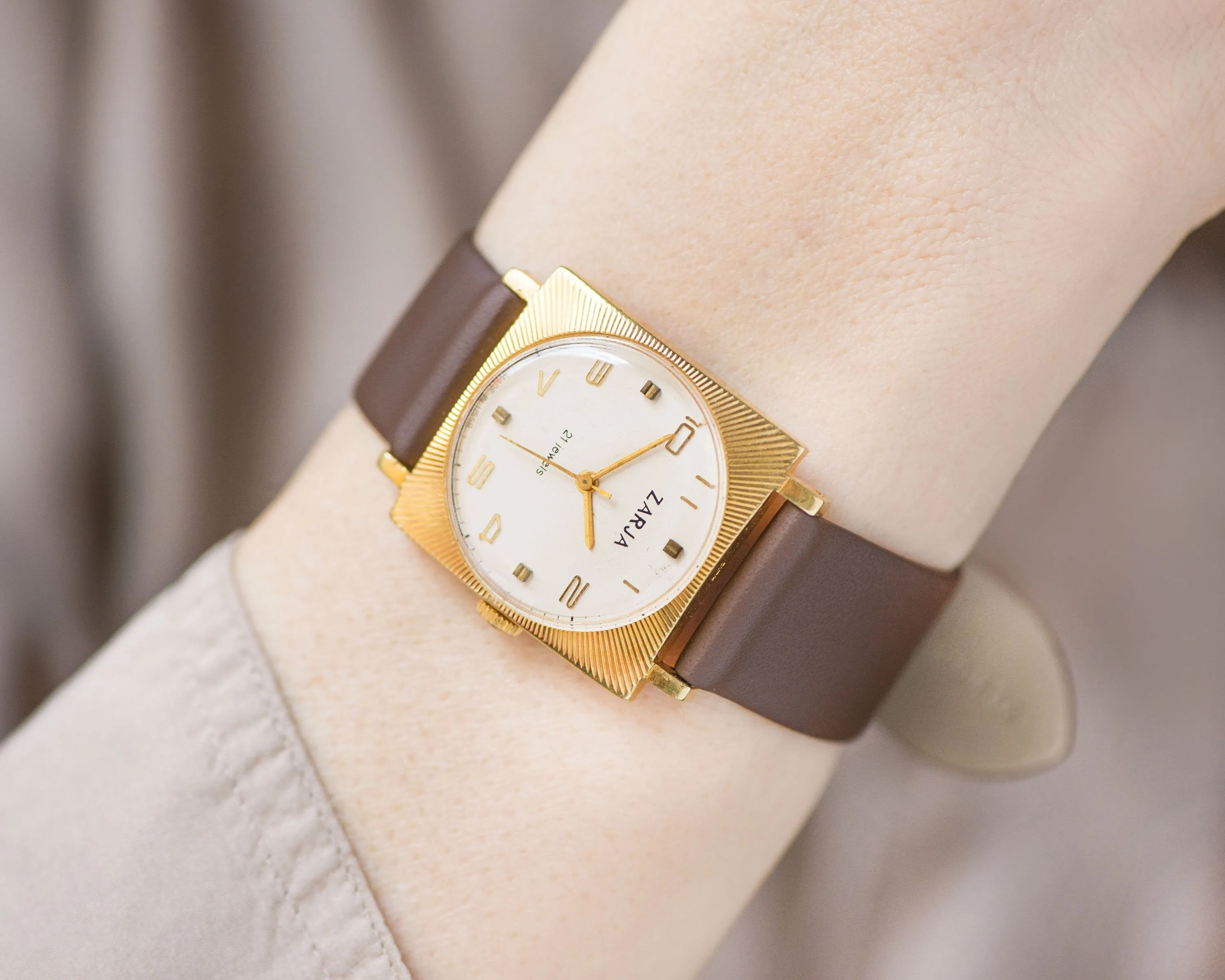 Unisex square watch sunburst case Dawn, gold plated tomboy watch, boyfriend's watch minimalist unique gift men, new genuine leather strap