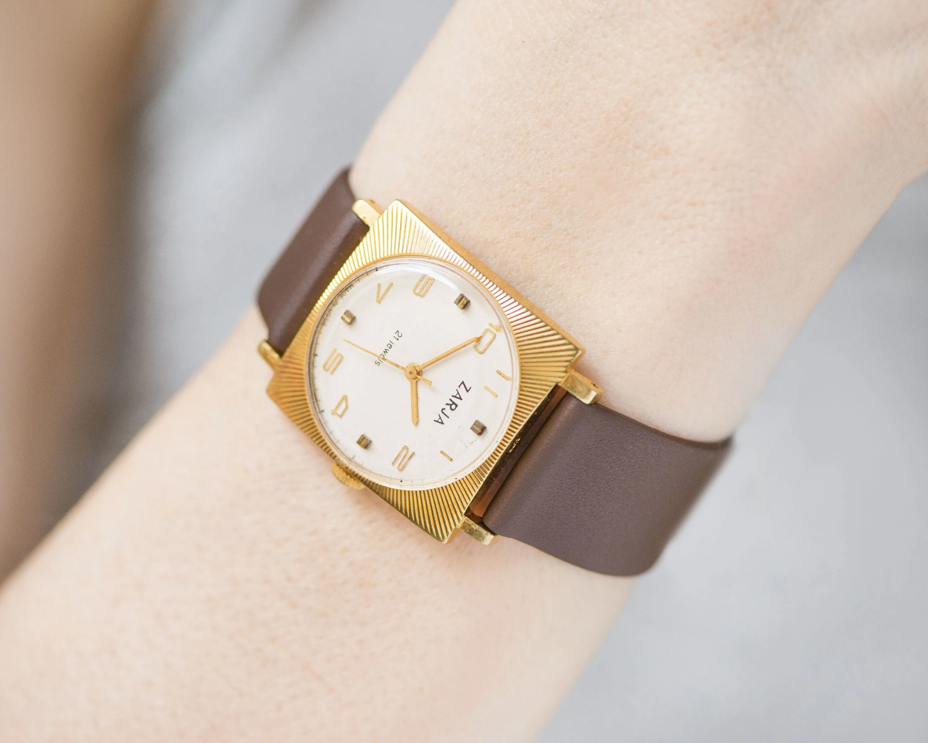 Unisex square watch sunburst case Dawn, gold plated tomboy watch, boyfriend's watch minimalist unique gift men, new genuine leather strap