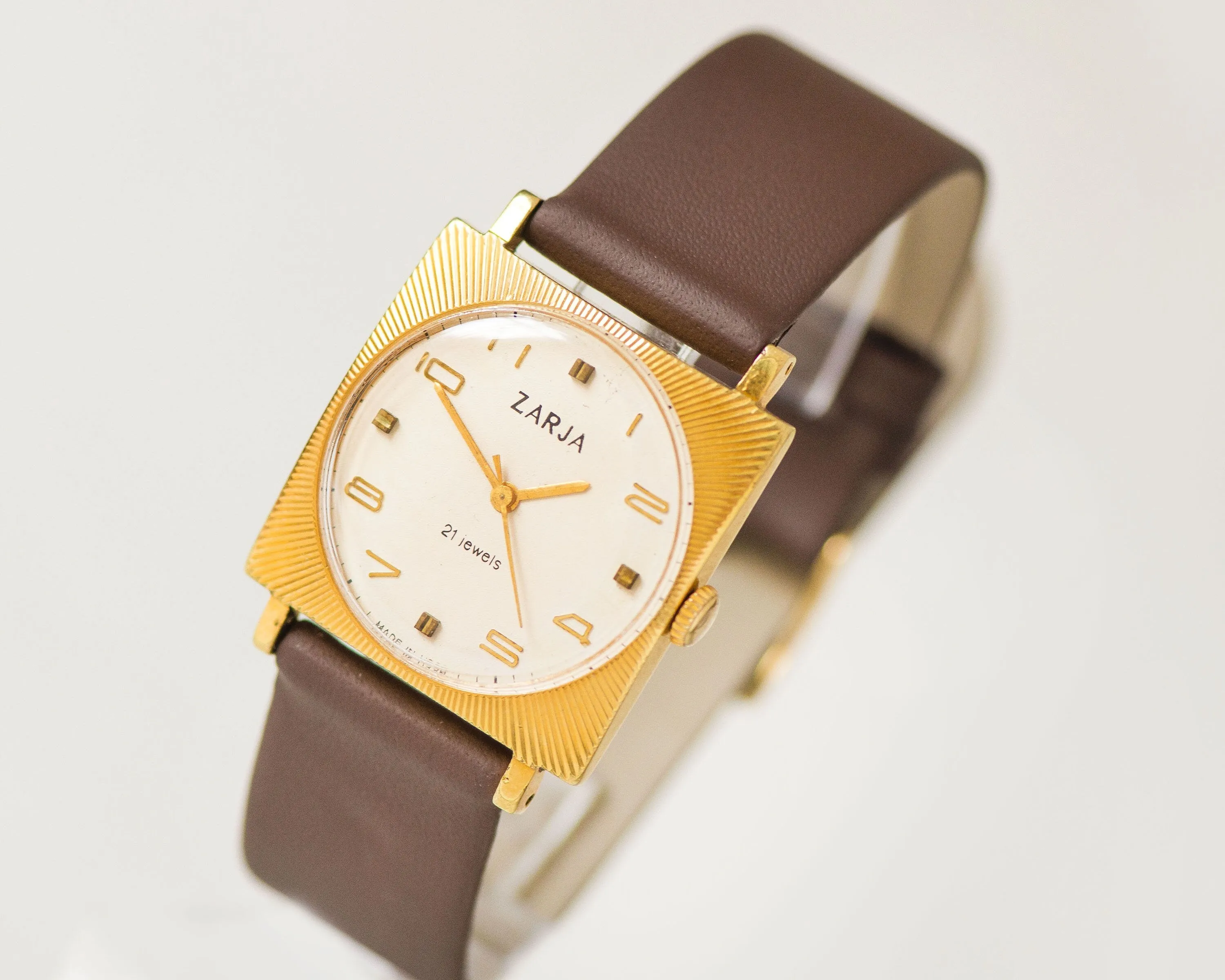 Unisex square watch sunburst case Dawn, gold plated tomboy watch, boyfriend's watch minimalist unique gift men, new genuine leather strap