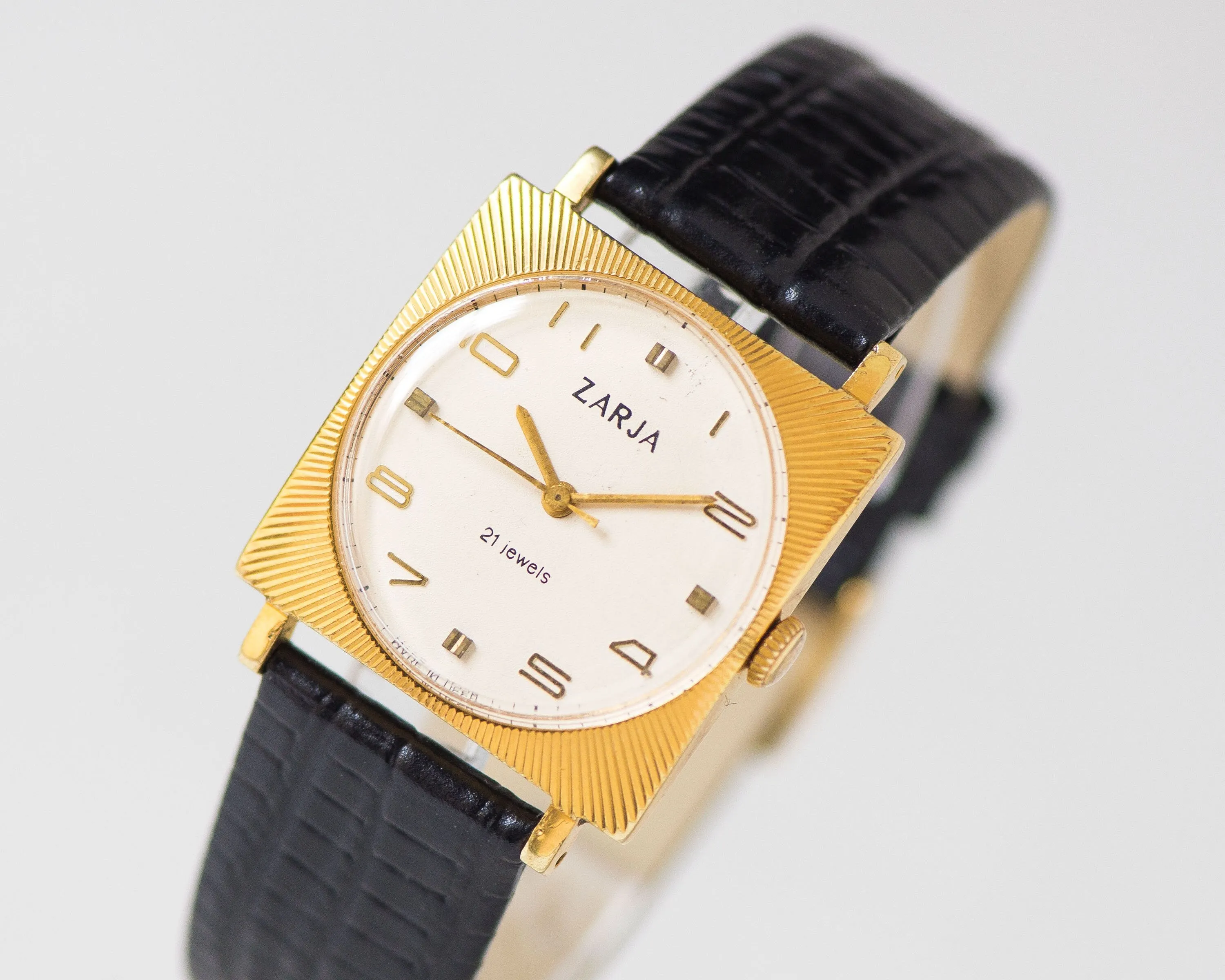 Unisex square watch sunburst case Dawn, gold plated tomboy watch, boyfriend's watch minimalist unique gift men, new genuine leather strap