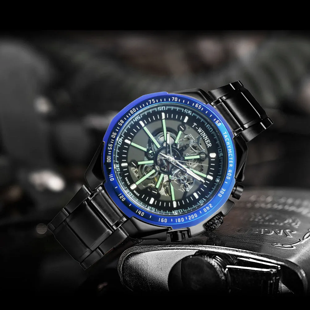 WINNER Brand Top Luxury Automatic Mechanical Watch Men Skeleton Dial Blue Mirror Case Fashion Military Wristwatches Stainless Steel Strap Clock