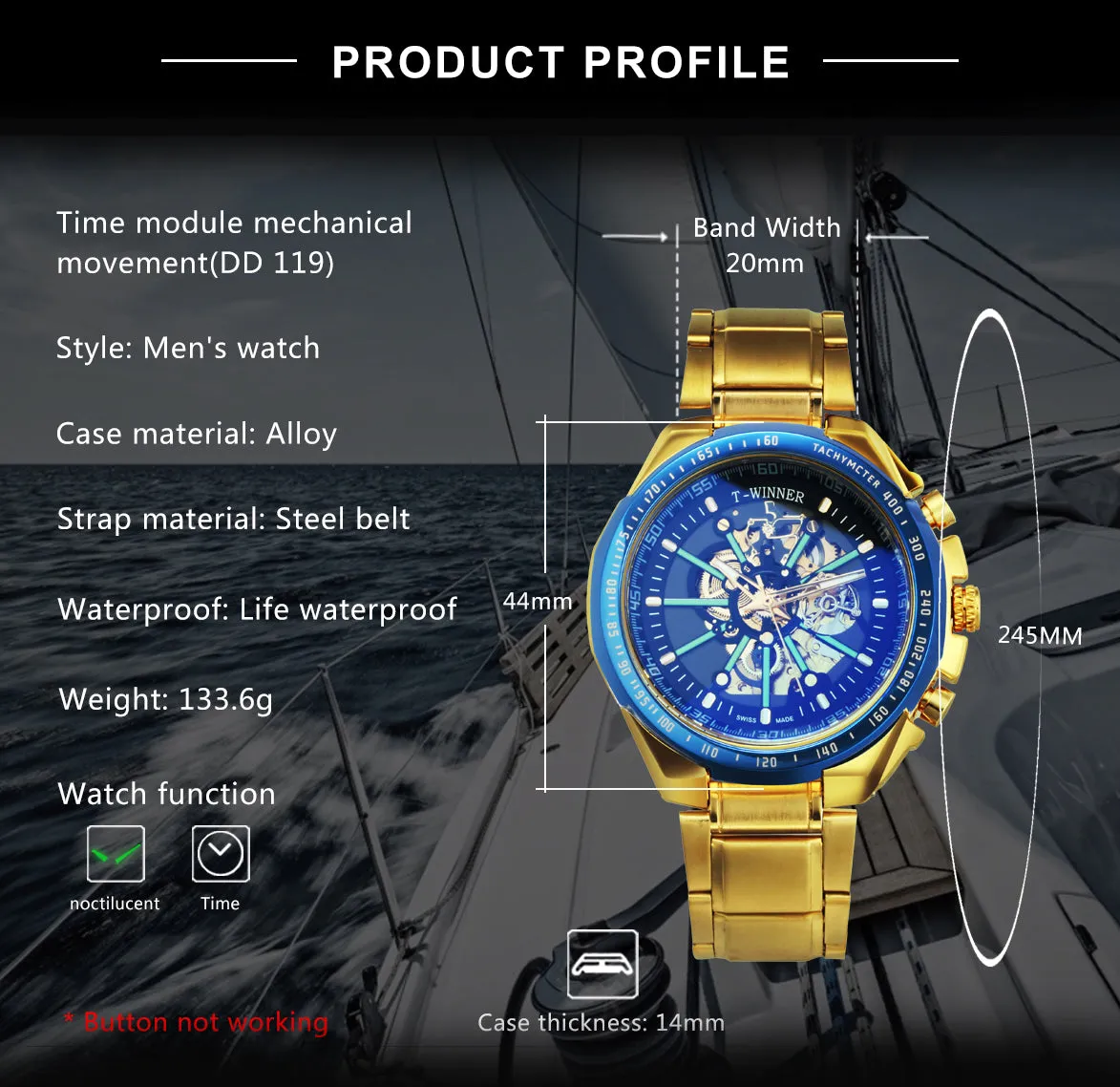 WINNER Brand Top Luxury Automatic Mechanical Watch Men Skeleton Dial Blue Mirror Case Fashion Military Wristwatches Stainless Steel Strap Clock