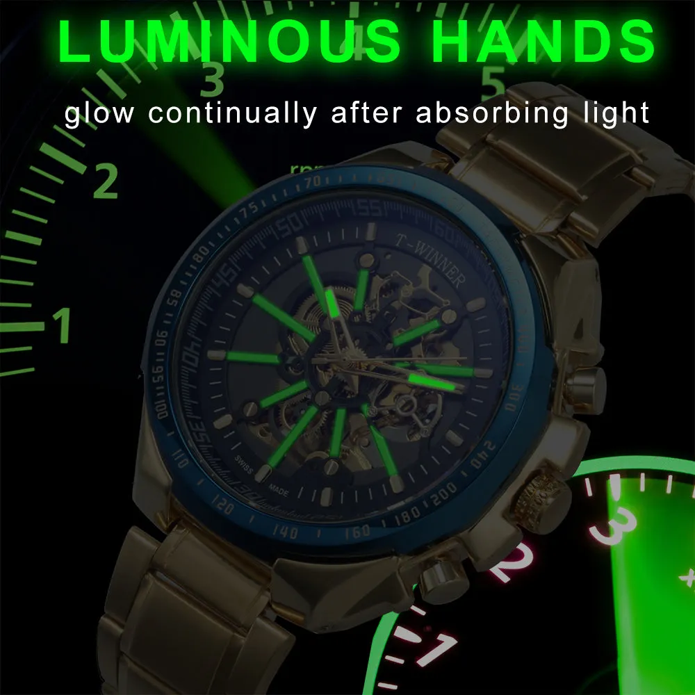 WINNER Brand Top Luxury Automatic Mechanical Watch Men Skeleton Dial Blue Mirror Case Fashion Military Wristwatches Stainless Steel Strap Clock