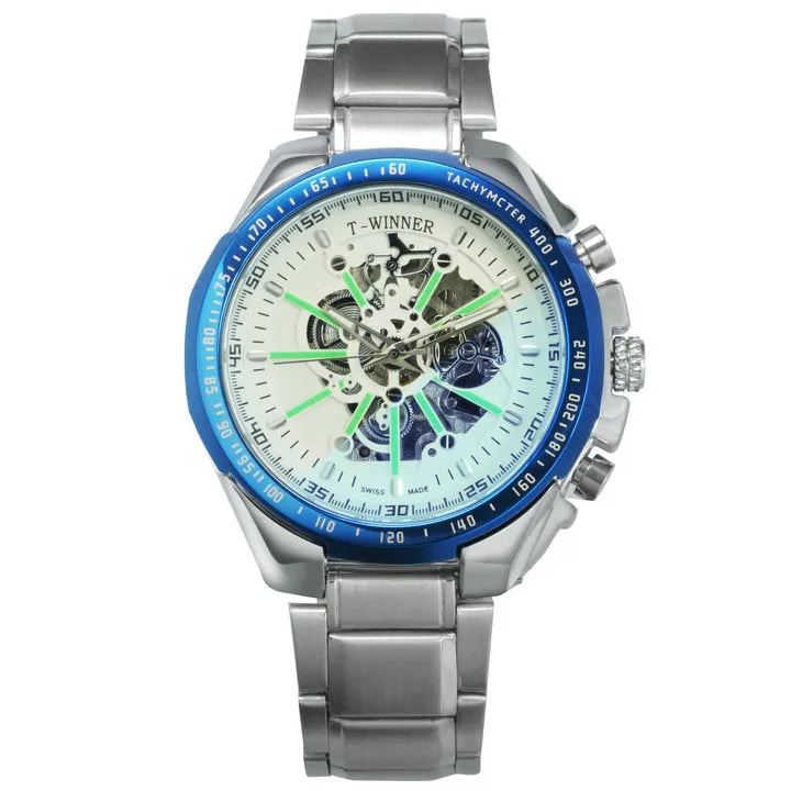 WINNER Brand Top Luxury Automatic Mechanical Watch Men Skeleton Dial Blue Mirror Case Fashion Military Wristwatches Stainless Steel Strap Clock