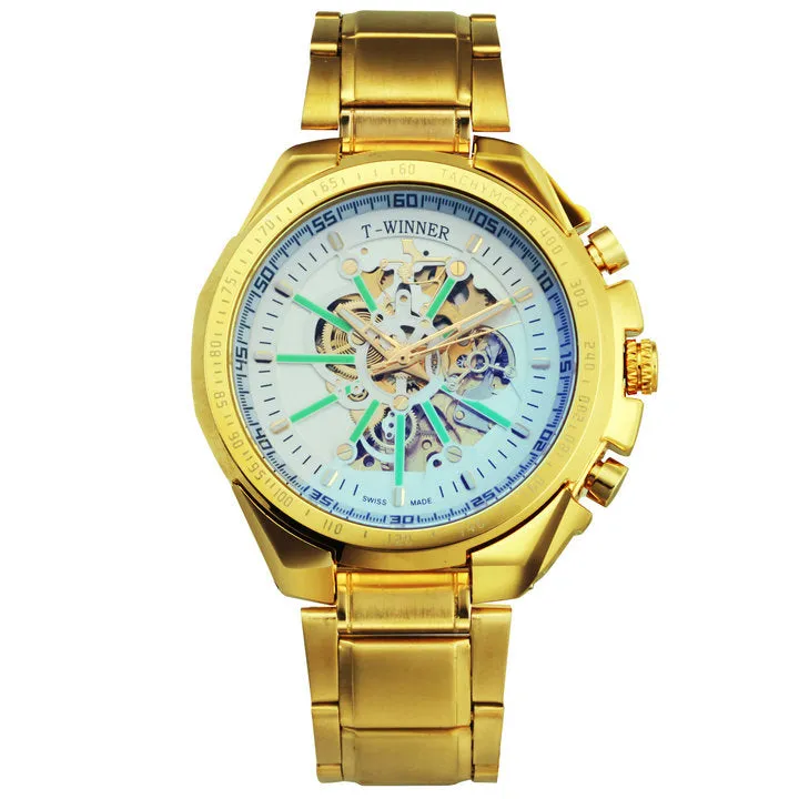 WINNER Brand Top Luxury Automatic Mechanical Watch Men Skeleton Dial Blue Mirror Case Fashion Military Wristwatches Stainless Steel Strap Clock