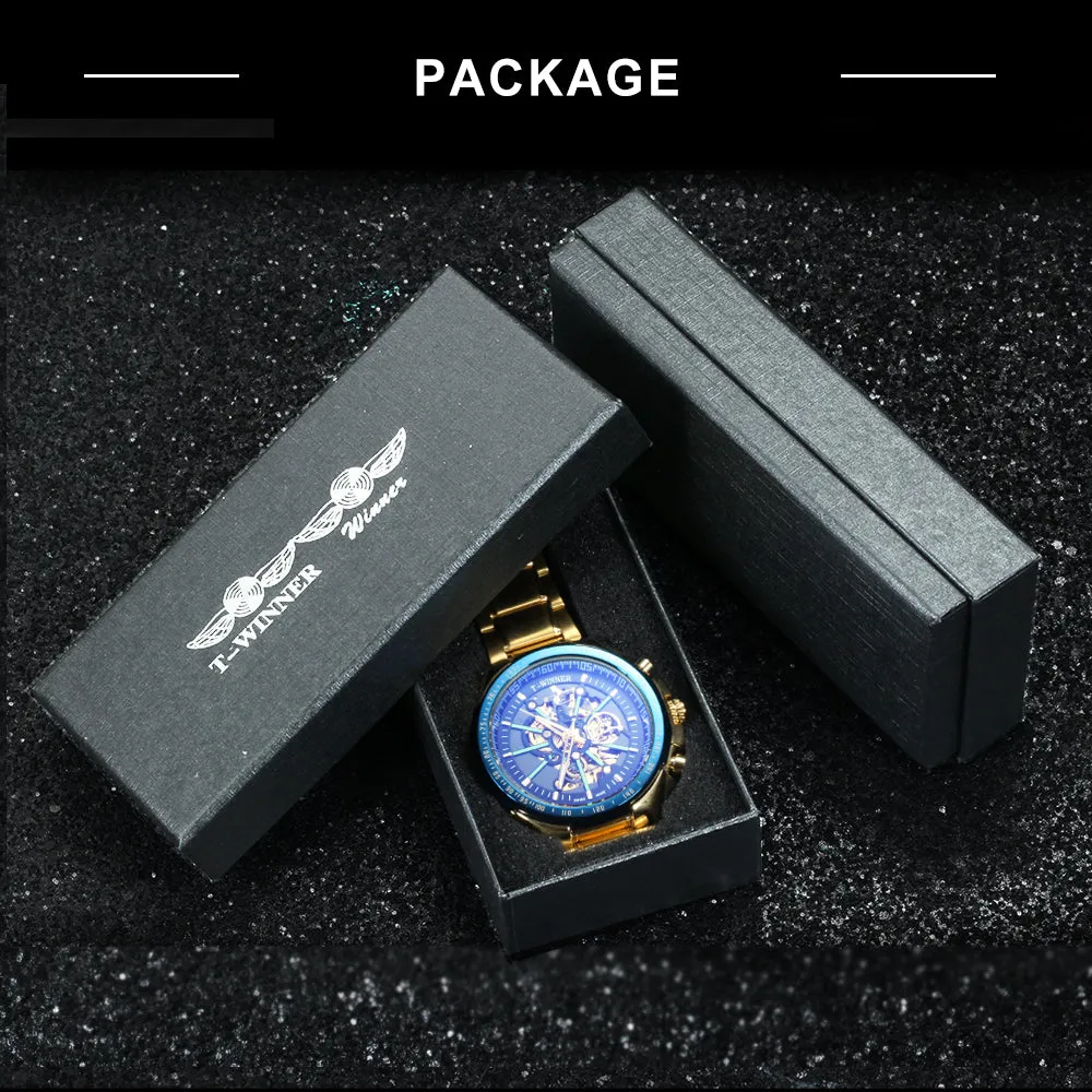 WINNER Brand Top Luxury Automatic Mechanical Watch Men Skeleton Dial Blue Mirror Case Fashion Military Wristwatches Stainless Steel Strap Clock
