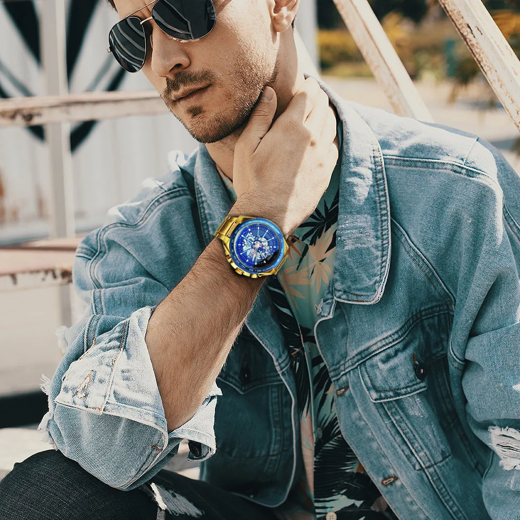 WINNER Brand Top Luxury Automatic Mechanical Watch Men Skeleton Dial Blue Mirror Case Fashion Military Wristwatches Stainless Steel Strap Clock