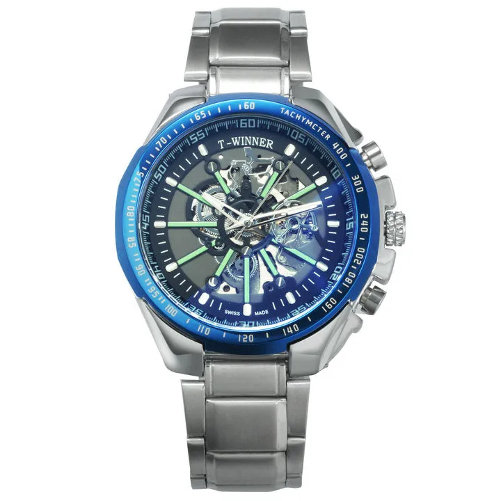 WINNER Brand Top Luxury Automatic Mechanical Watch Men Skeleton Dial Blue Mirror Case Fashion Military Wristwatches Stainless Steel Strap Clock