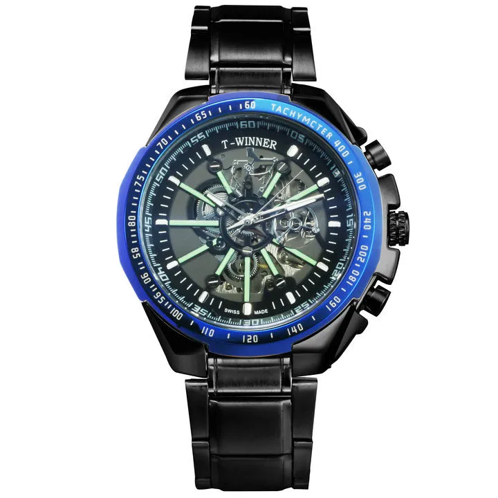 WINNER Brand Top Luxury Automatic Mechanical Watch Men Skeleton Dial Blue Mirror Case Fashion Military Wristwatches Stainless Steel Strap Clock