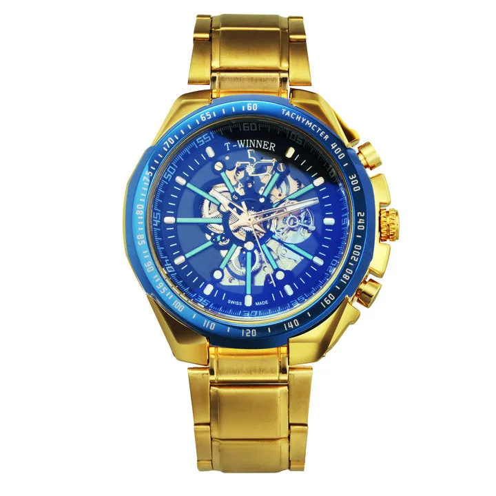 WINNER Brand Top Luxury Automatic Mechanical Watch Men Skeleton Dial Blue Mirror Case Fashion Military Wristwatches Stainless Steel Strap Clock