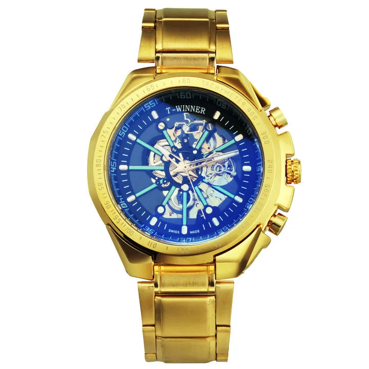 WINNER Brand Top Luxury Automatic Mechanical Watch Men Skeleton Dial Blue Mirror Case Fashion Military Wristwatches Stainless Steel Strap Clock