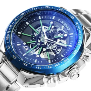 WINNER Brand Top Luxury Automatic Mechanical Watch Men Skeleton Dial Blue Mirror Case Fashion Military Wristwatches Stainless Steel Strap Clock