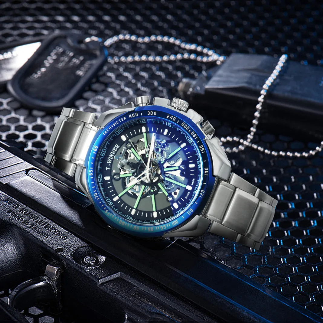 WINNER Brand Top Luxury Automatic Mechanical Watch Men Skeleton Dial Blue Mirror Case Fashion Military Wristwatches Stainless Steel Strap Clock