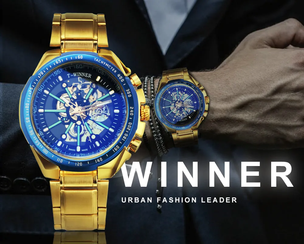 WINNER Brand Top Luxury Automatic Mechanical Watch Men Skeleton Dial Blue Mirror Case Fashion Military Wristwatches Stainless Steel Strap Clock