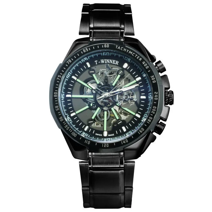 WINNER Brand Top Luxury Automatic Mechanical Watch Men Skeleton Dial Blue Mirror Case Fashion Military Wristwatches Stainless Steel Strap Clock