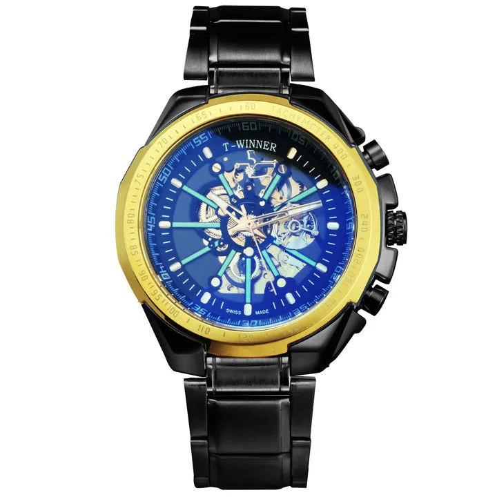 WINNER Brand Top Luxury Automatic Mechanical Watch Men Skeleton Dial Blue Mirror Case Fashion Military Wristwatches Stainless Steel Strap Clock